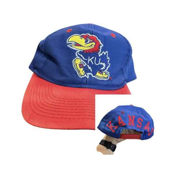 VTG 90s Kansas University KU Jayhawks Competitor Snapback Cap Hat Blue Spell Out - Picture 1 of 4